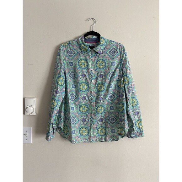 Talbots Womens Large Button Up Shirt Kaleidascope Pastel Preppy Pink Green Blue - Picture 1 of 5